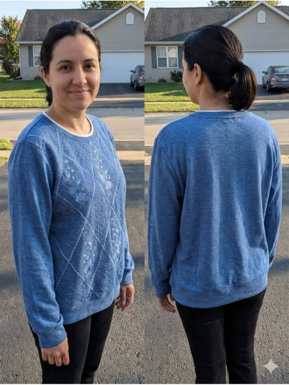 Alfred Dunner XL Blue Floral Diamond Quilted Embroidered Sweatshirt Grandmacore